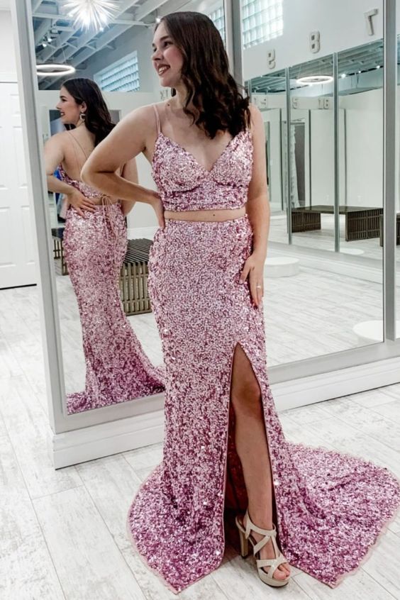 sparkle two piece pink sequined long prom dress with spaghetti straps and mermaid skirt with slit cg17714