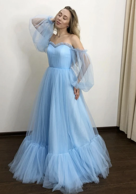 Blue tulle long prom dress A line evening dress cg17717