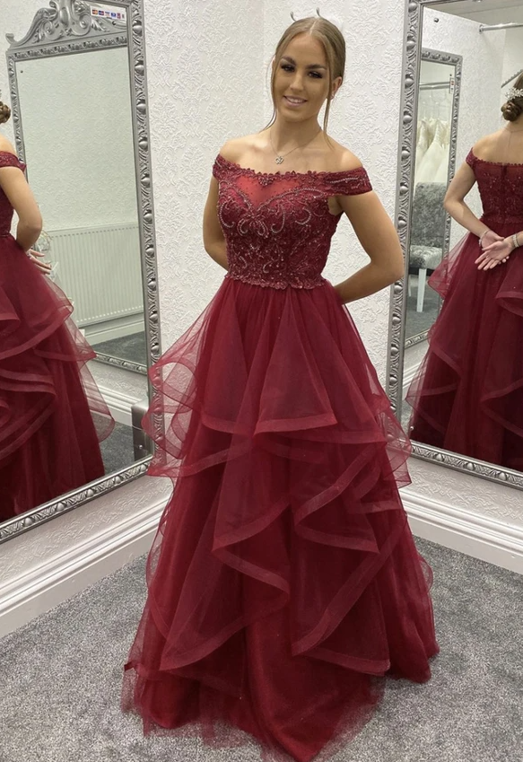 Burgundy lace long prom dress A line evening dress cg17718