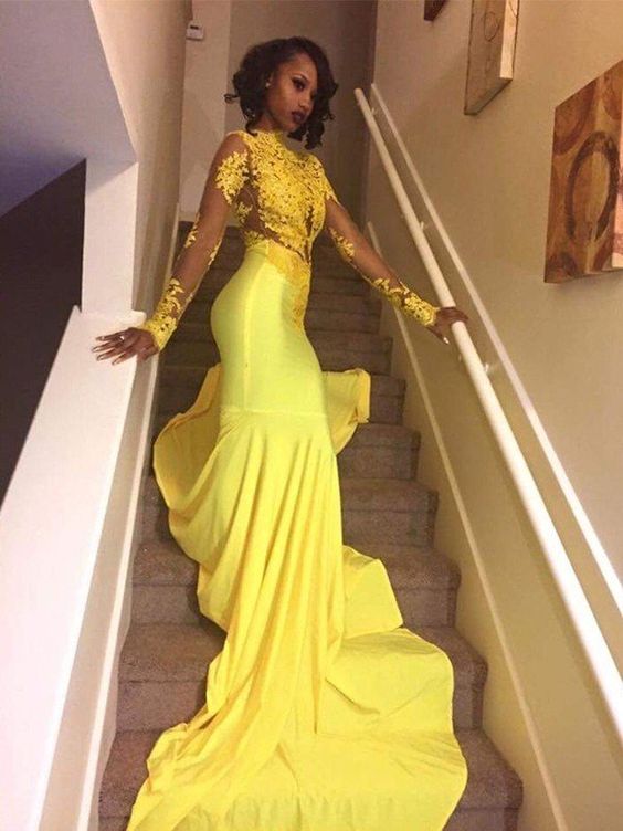 Trumpet/Mermaid High Neck Long Sleeves Sweep/Brush Train Applique Satin Dresses Long prom Dresses cg17729
