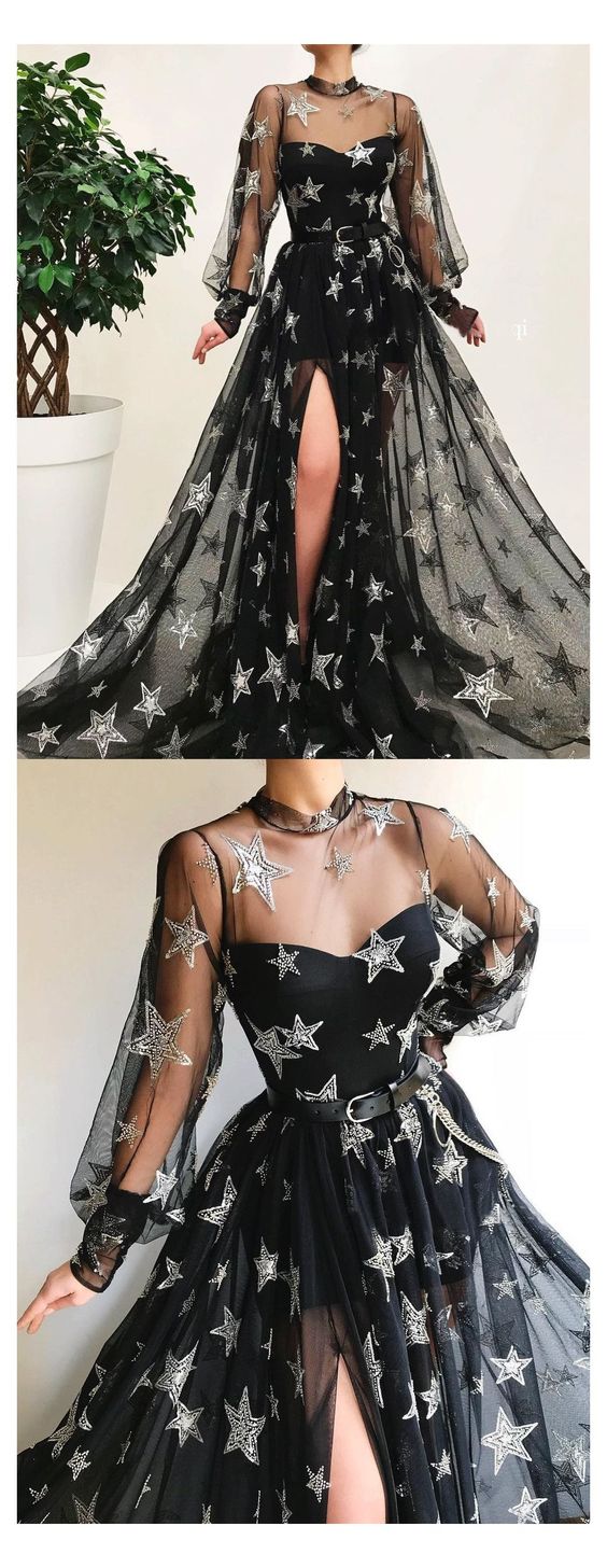 Black High Neck Long Prom Dress With Star Sparkly Long Sleeve Unique Prom Dress Evening Gowns cg17732