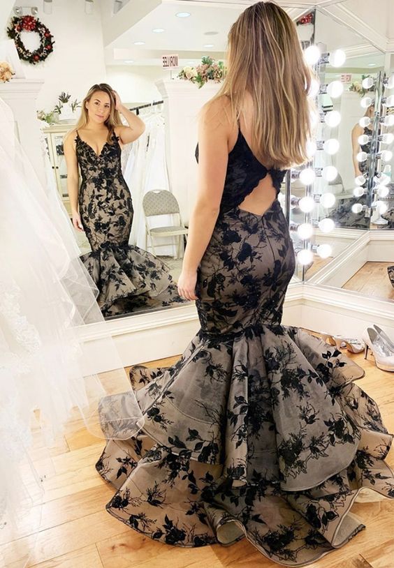black lace long prom dress, mermaid evening dress cg17733