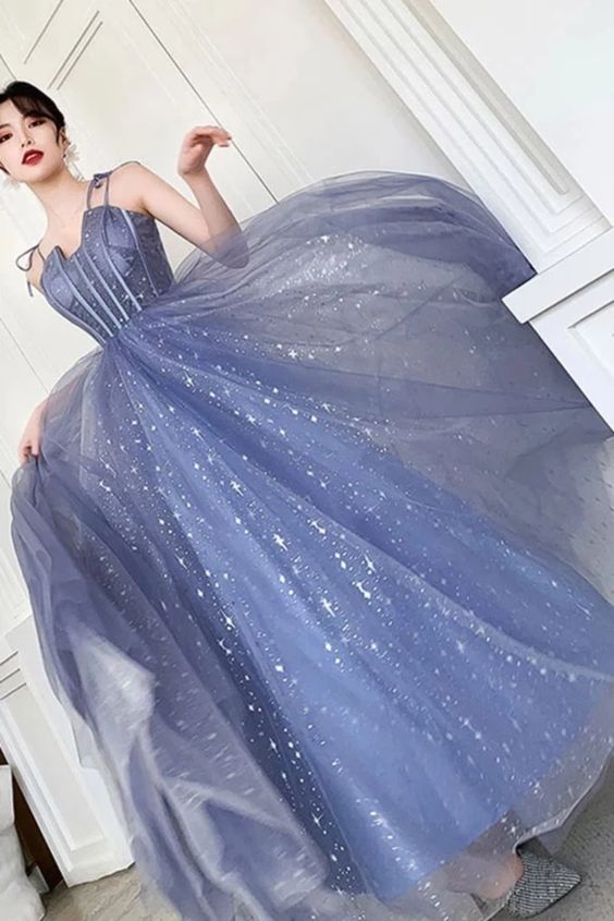 Unique Sparkle Straps Floor Length Tulle Prom Dress, A Line Sleeveless Evening Dresses cg17747