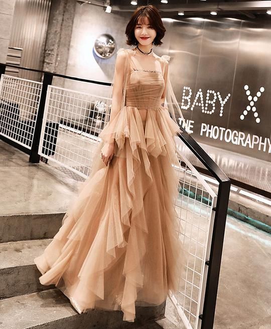 Unique Floor Length Tulle Prom Dress, A Line Sleeveless Evening Dresses cg17748