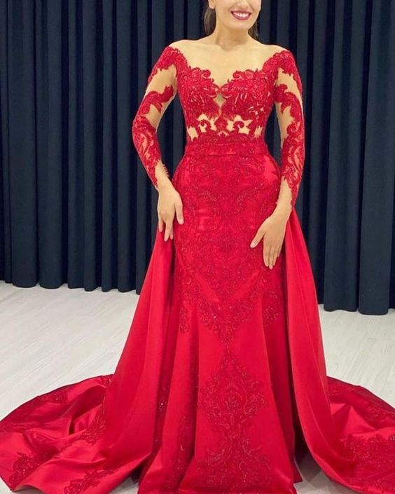 Lace Embroidery Prom Dresses Mermaid Long Sleeves Satin Sweep Train cg17752