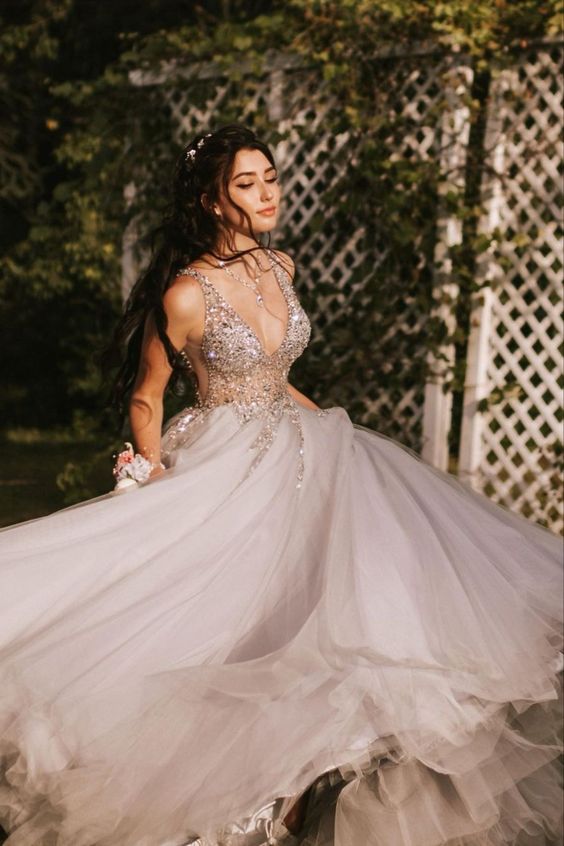 Princess A-line grey tulle long prom dress 2021 cg17757