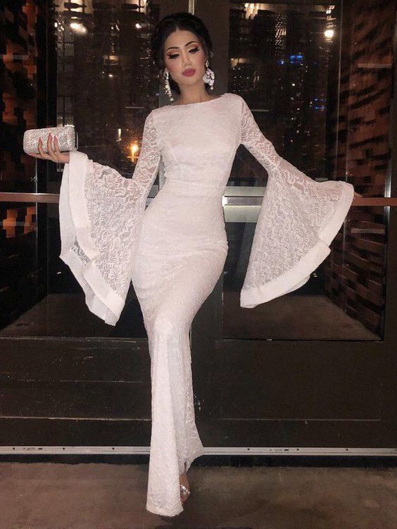 Flare Sleeve Lace Fitted White prom Evening Dress cg1776