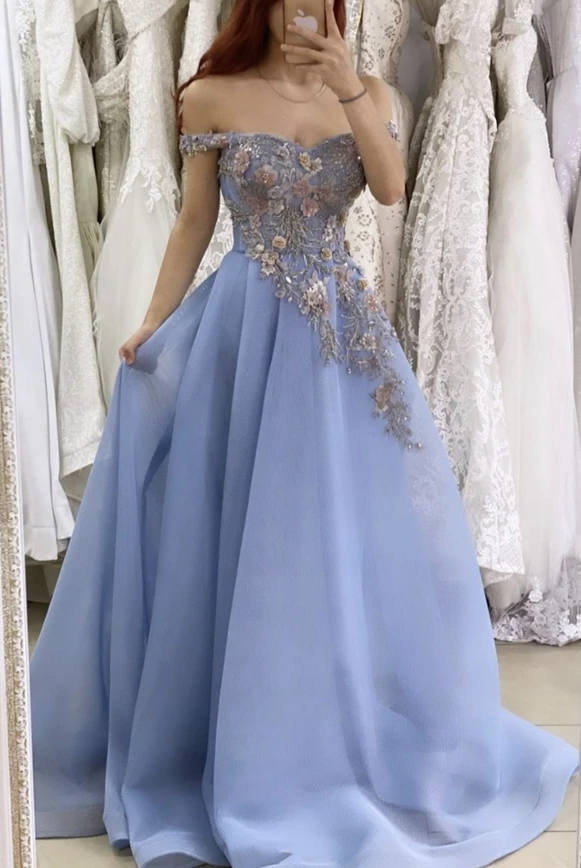 Blue lace long A line prom dress evening dress cg17760