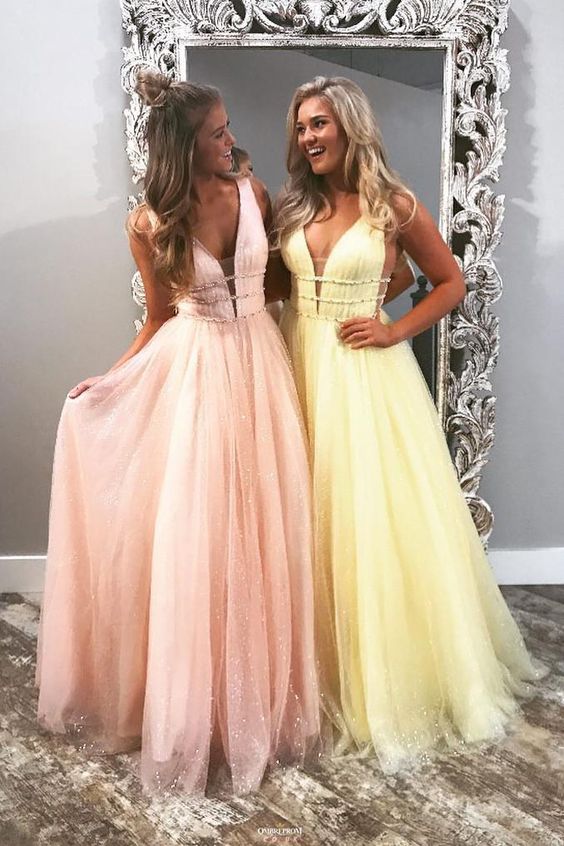 Shiny Long Prom Dress V Neck Tulle with Beading, Charm Formal Dress cg17762