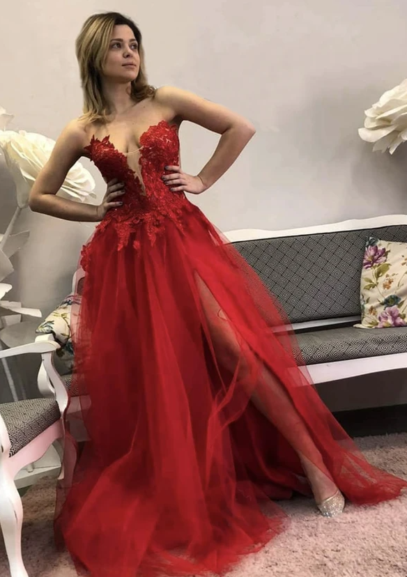 Red lace long A line prom dress red evening dress cg17767