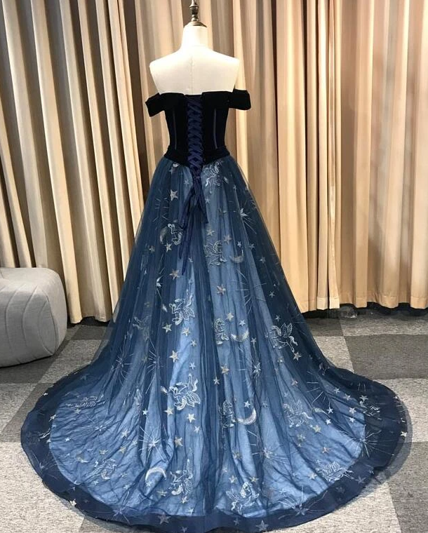 Navy Blue New Style Long Off Shoulder Prom Dress, A-Line Formal Dress, Evening Dress cg17769