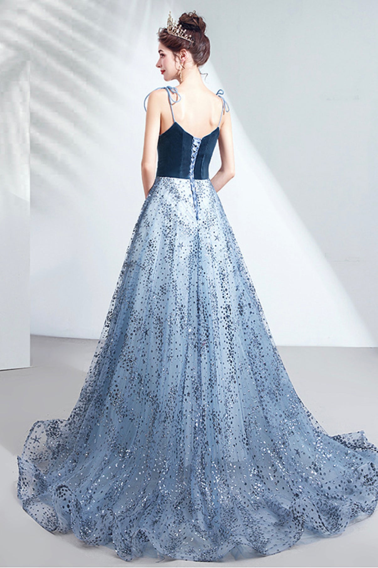 BLUE TULLE SEQUINS LONG PROM DRESS A LINE EVENING DRESS cg17773