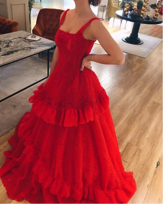 A-line red tulle and lace appliqued long plus size formal dress prom dress cg17793