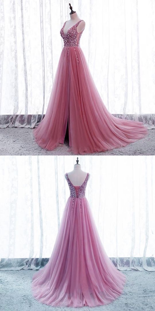 Beautiful pink prom dresses tulle split v neck formal gown with sequins beaded cg17804
