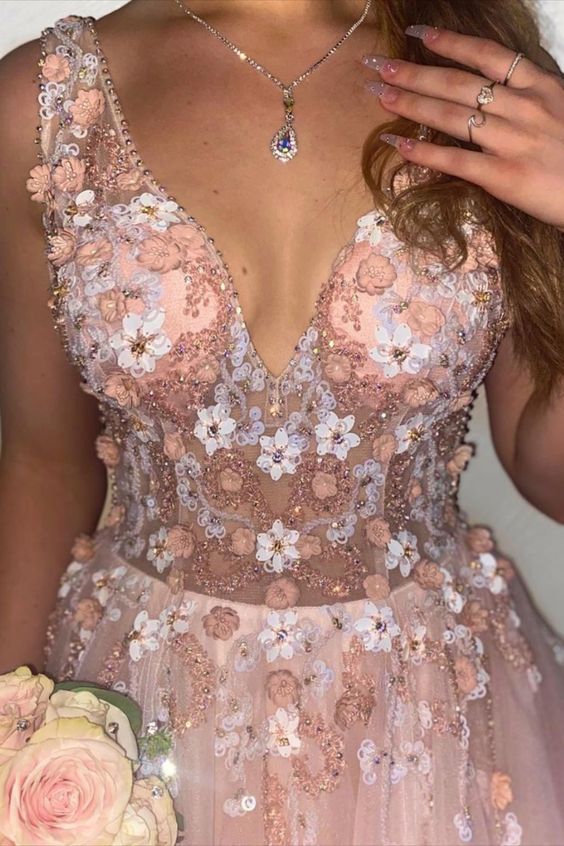 pink A-line tulle long prom dress formal dress with plunge neckline and 3D flowers cg17813