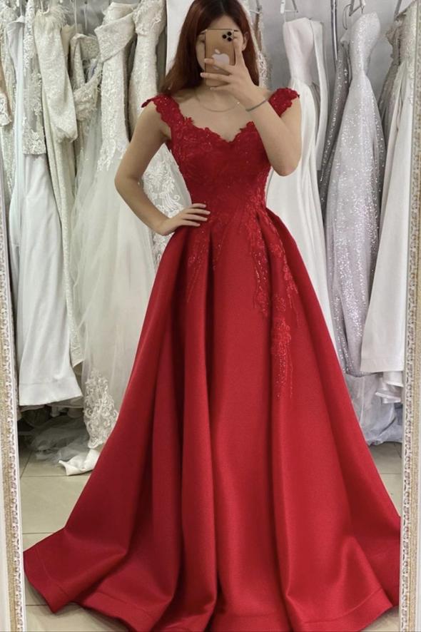 Red v neck lace long prom dress A line evening dress cg17820
