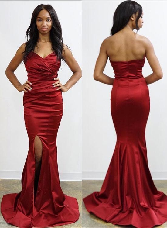 Burgundy Strapless Bodycon Slit Prom Dresses Mermaid Open Back Evening Dresses cg17849