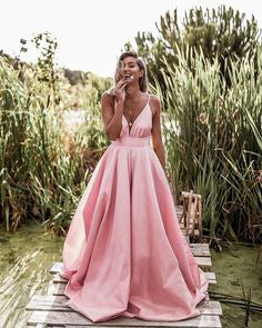 LONG SATIN PROM DRESSES PLUNGE NECK SPAGHETTI STRAPS cg17884