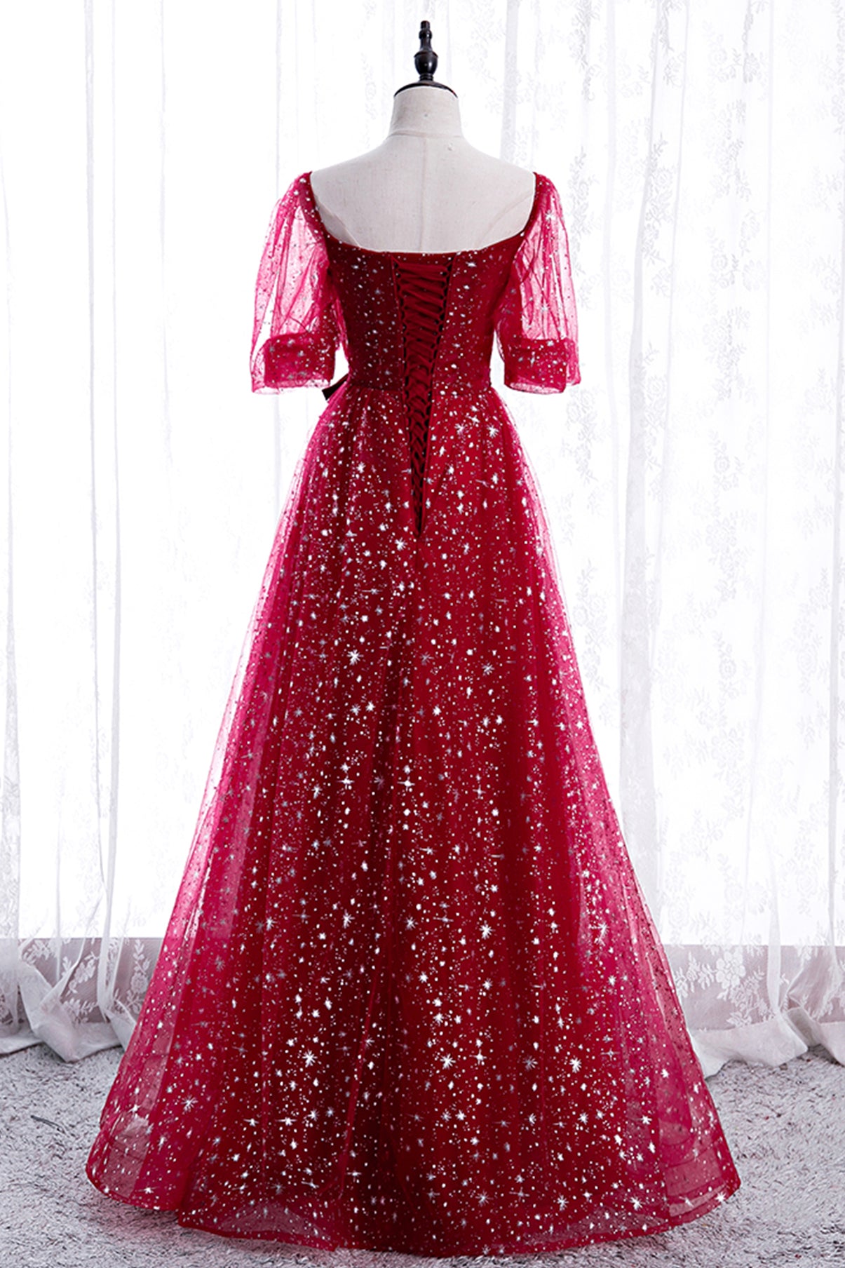 BURGUNDY TULLE LONG A LINE PROM DRESS EVENING DRESS cg17897