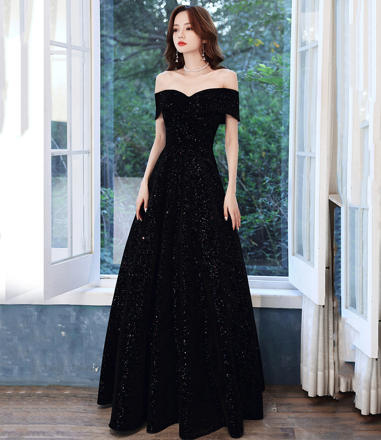 BLACK A LINE LONG PROM DRESS OFF SHOULDER EVENING DRESS cg17899