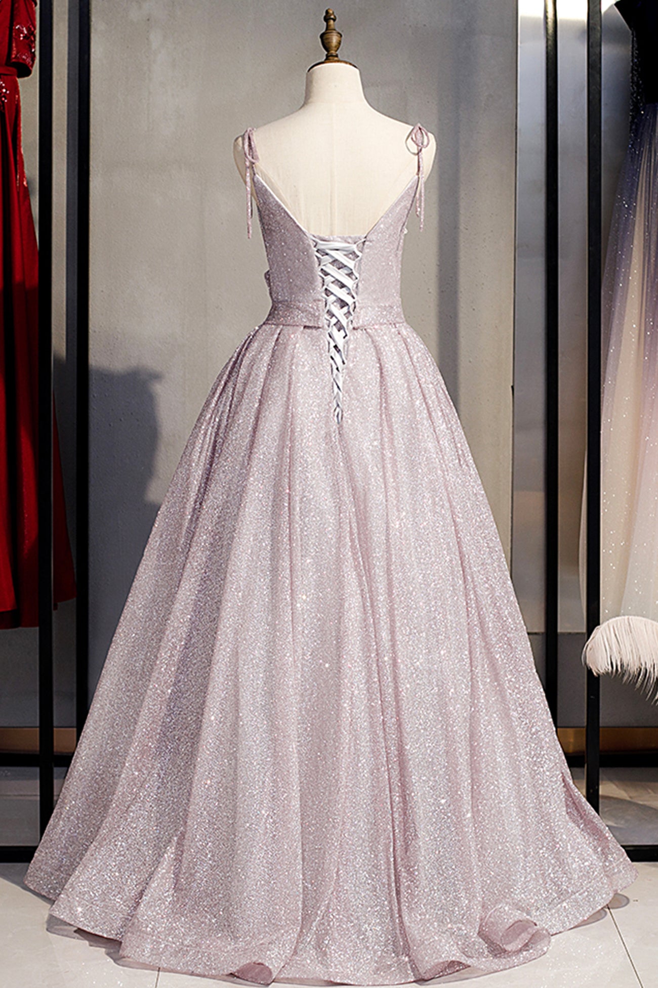 SHINY V NECK SEQUINS LONG PROM DRESS A LINE EVENING DRESS cg17901