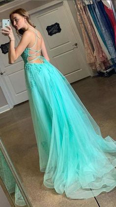 Spaghetti Straps High Slit Evening Dress Appliqued Sweep Train Long Prom Dress cg17909