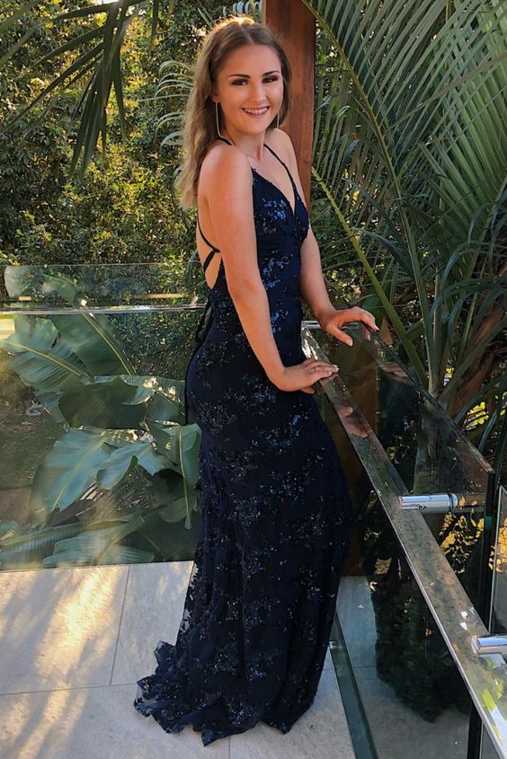 elegant mermaid navy blue sequined long prom dress with lace up back cg17911
