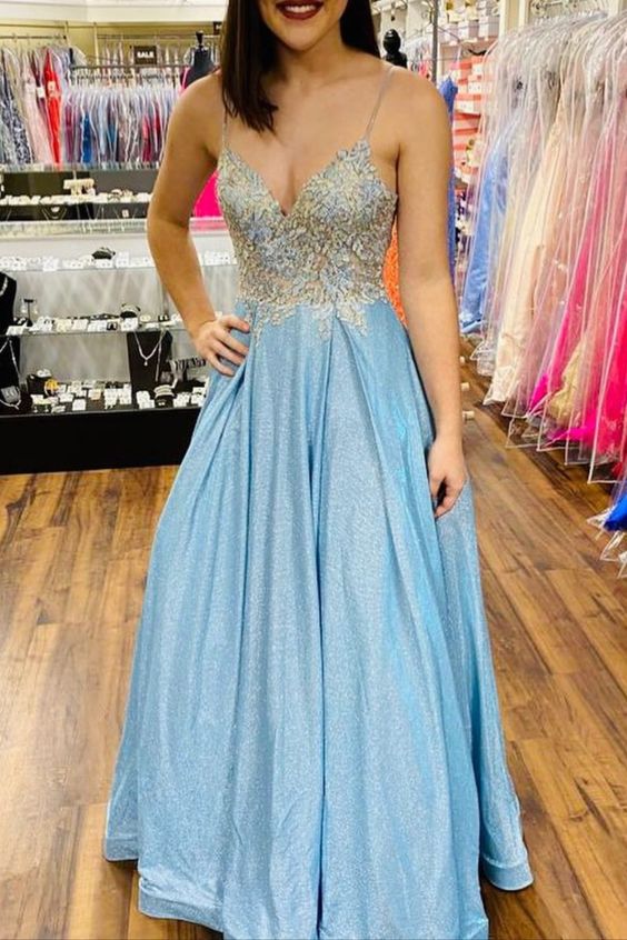 Princess Blue Long Prom Dress with Spaghetti Straps and lace up back cg17912