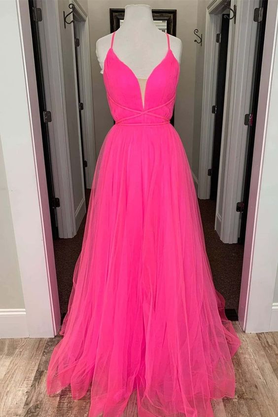 A-line hot pink tulle long formal dress prom dress with lace up back cg17930