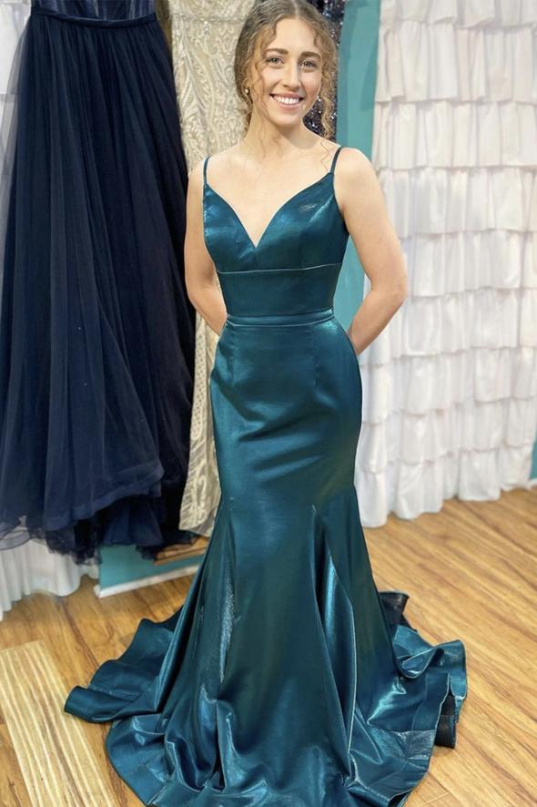 Blue satin long prom dress mermaid evening dress cg17941