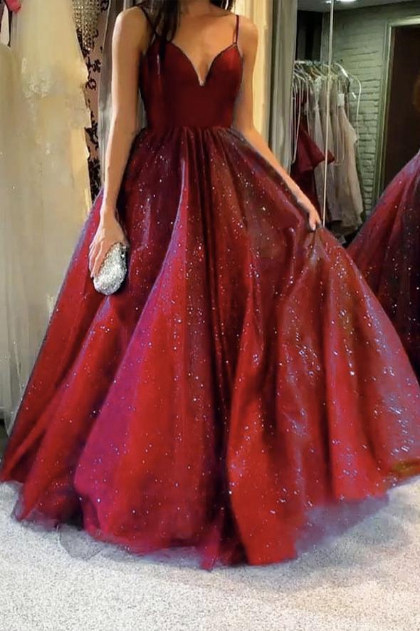 Burgundy v neck tulle long prom dress A line evening dress cg17961