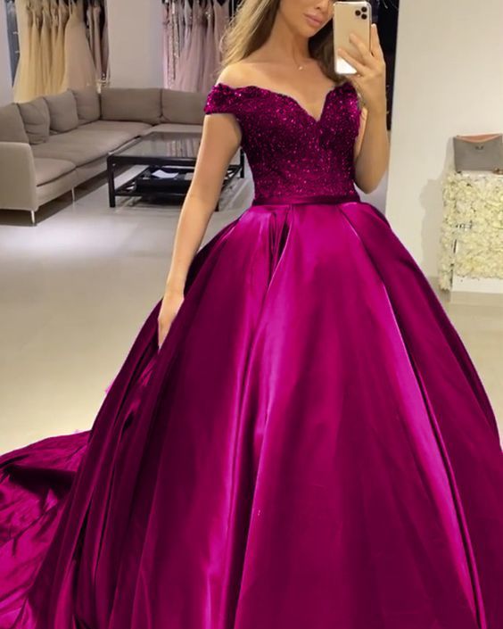 Fuchsia prom dresses ball gown off the shoulder quin ceanera dress cg17986