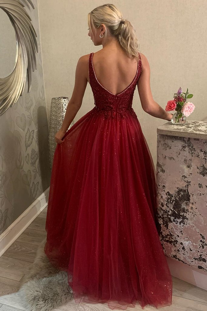 Shiny V Neck Backless Burgundy Lace Long Prom Dress cg17989
