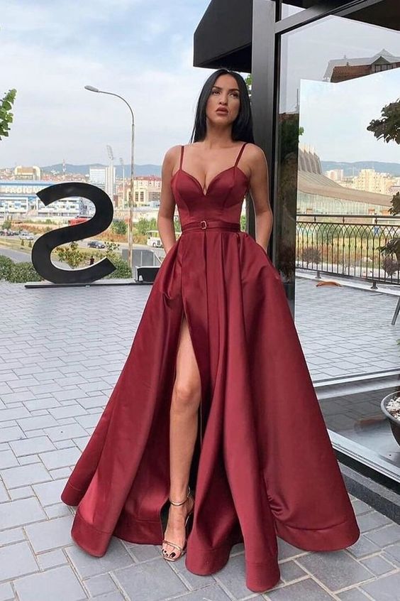 Straps A-Line Maroon Long Prom Dress with Slit cg18007