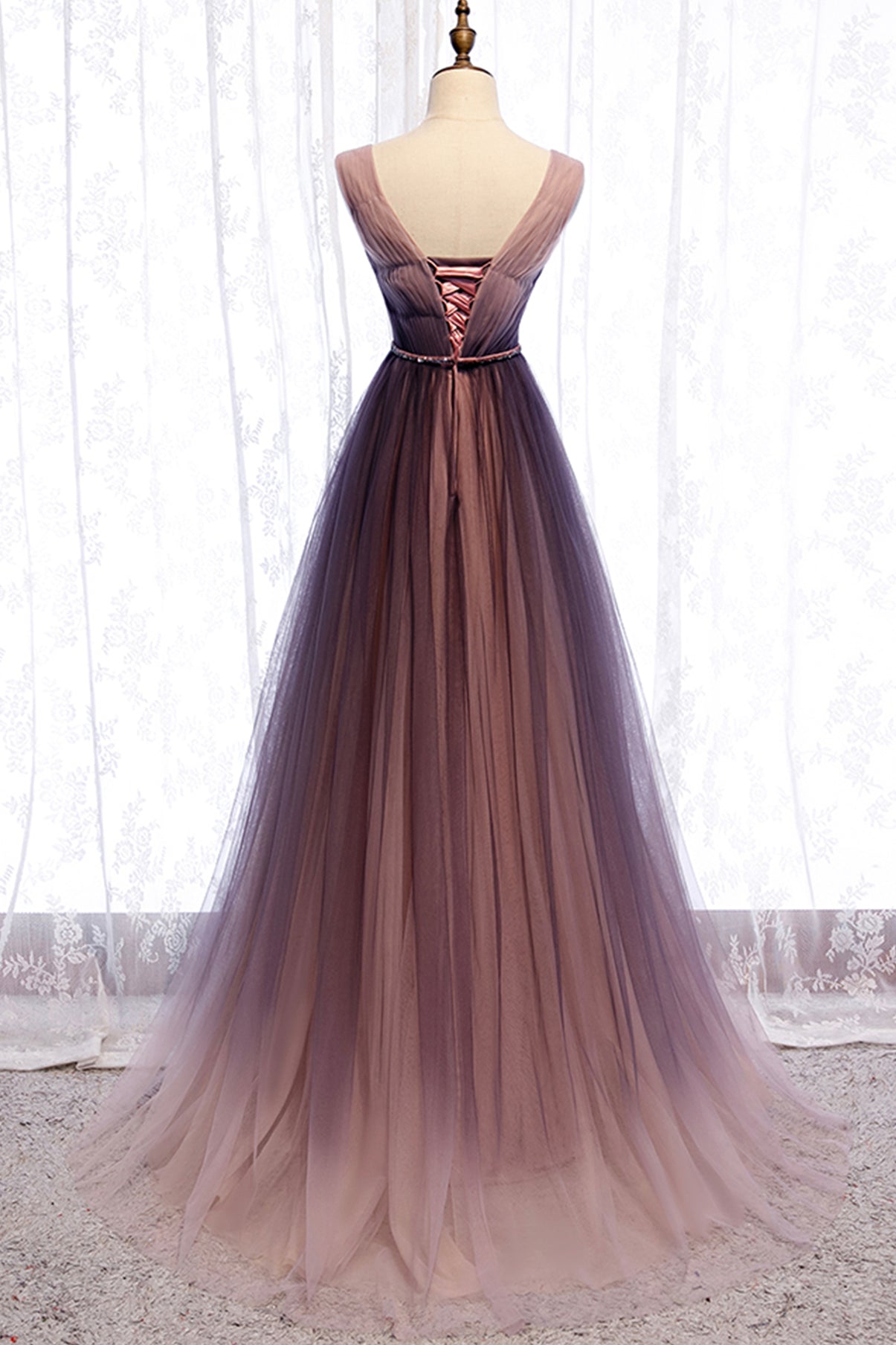 CUTE V NECK TULLE LONG PROM DRESS A LINE EVENING DRESS cg18036