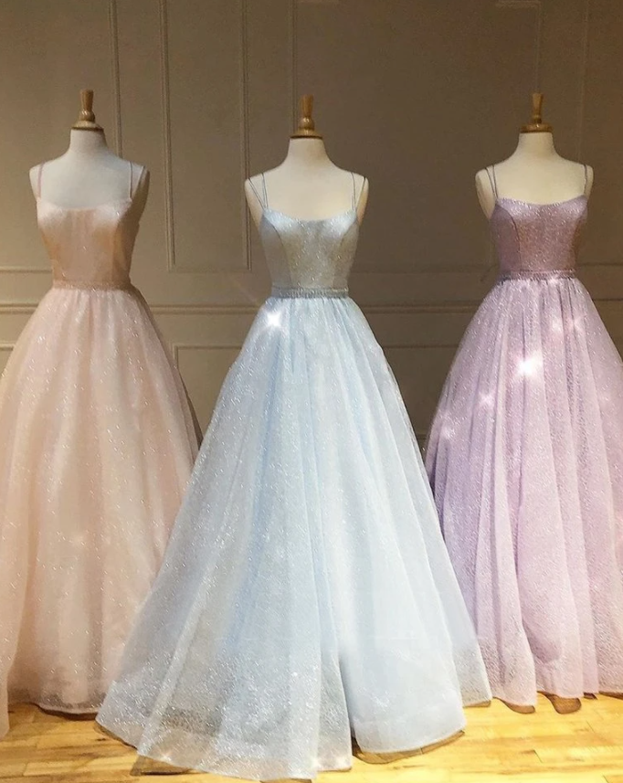 Spaghetti Straps Scoop A-Line Sparkle Prom Dress Formal Evening Gowns cg18040