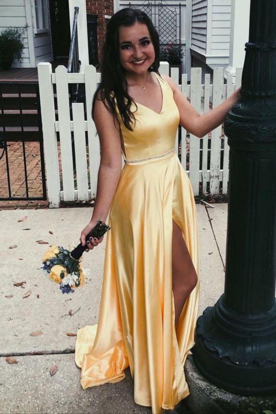simple A-line yellow long formal prom dress with slit cg18041