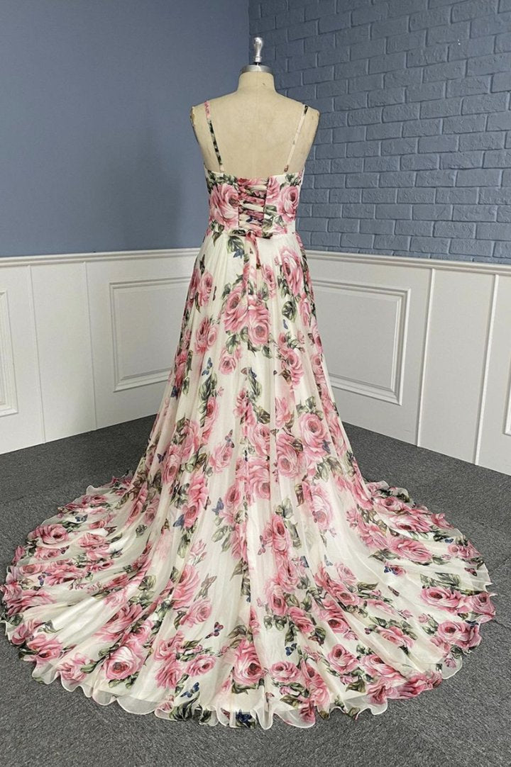 Stylish v neck floral pattern prom dress A line evening dress cg18049