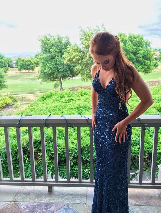 Elegant mermaid navy blue long formal dress prom dress cg18053