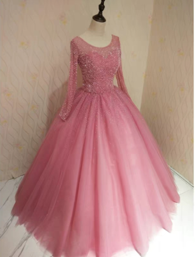 Long Sleeve Pink Sweet 16 Prom Dress,Charming Evening Dress,Prom Dresses cg18059