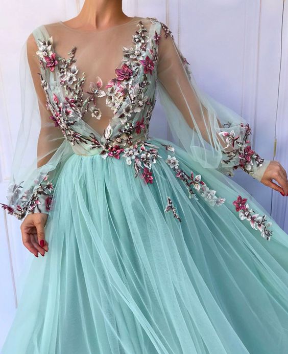 Blue tulle floral embroidered puff sleeve prom dress ,tulle evening dress,party dress cg18068