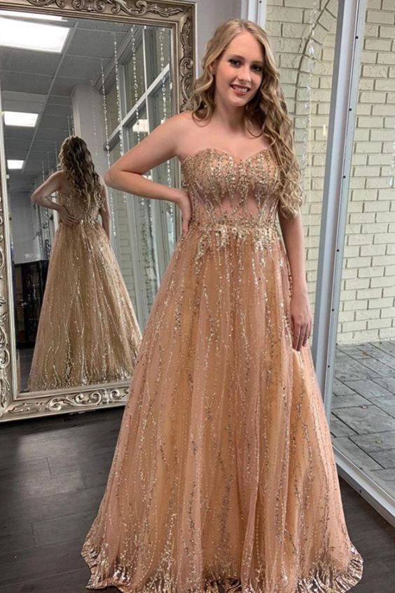 sparkle sweetheart gold sequins tulle prom dress evening dress formal dress cg18082