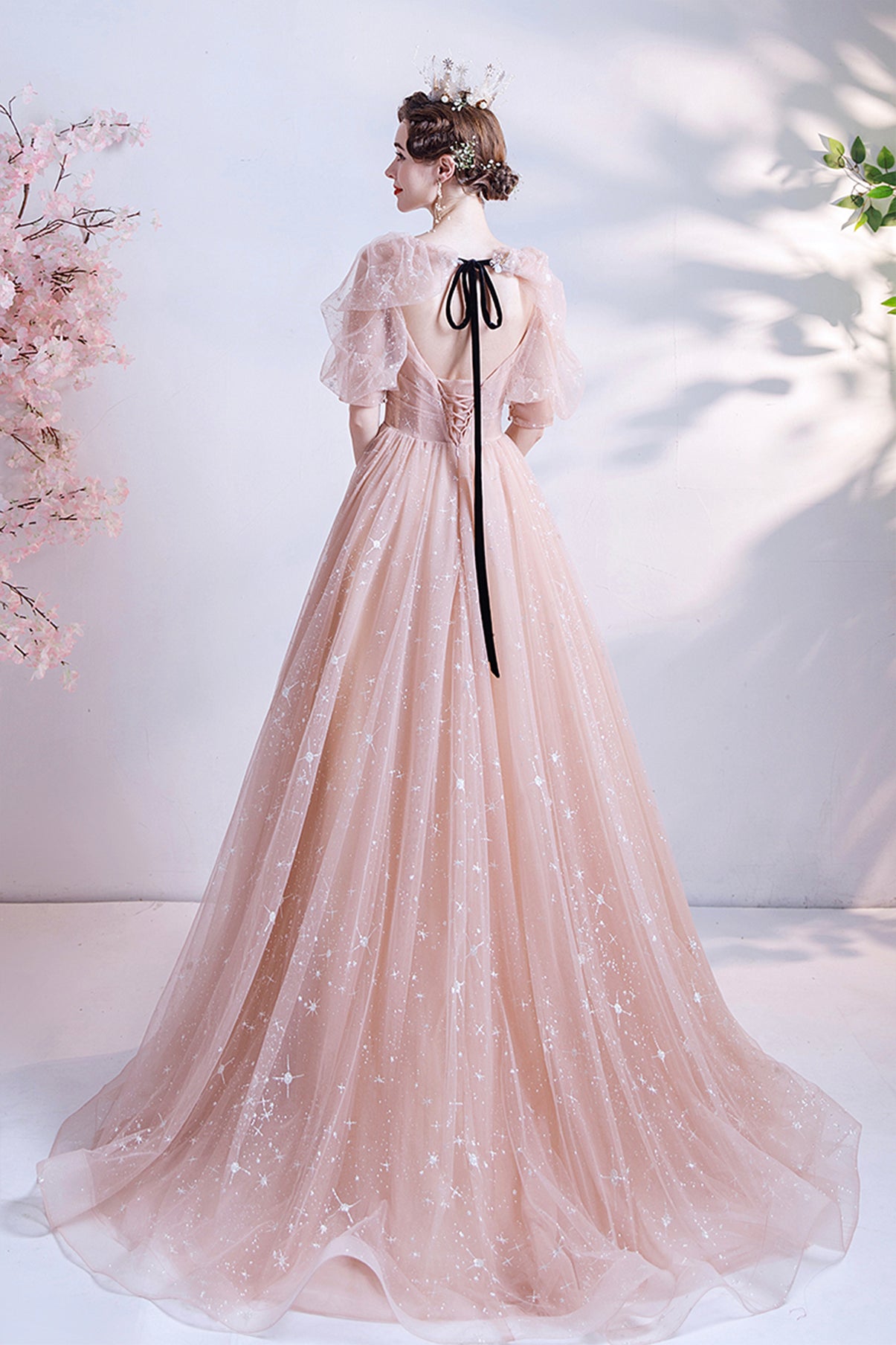 PINK TULLE LONG A LINE PROM DRESS EVENING DRESS cg18113