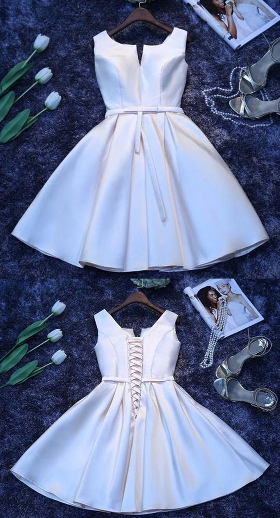 Simple White V Neck Sleeveless A Line Short Satin Homecoming Dresses cg1813