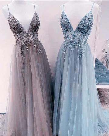 TULLE PROM DRESSES EMBROIDERY BEADED V NECK SPLIT cg18134