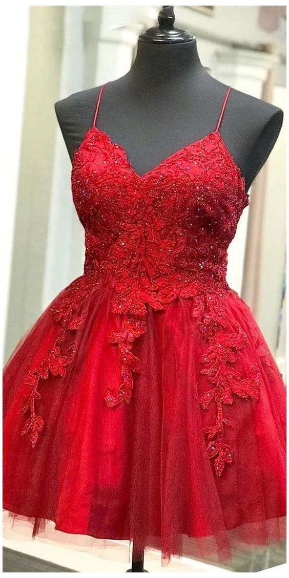 Strappy Short Homecoming Dresses Lace Applique Red cg18140