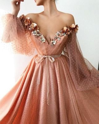 Sexy Off the Shoulder V Neck Long Prom Dress | Chich Tulle Beading Long Sleeves Prom Dress cg18144