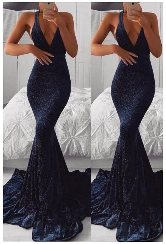Navy blue halter mermaid sequin ruffles evening gown dress Prom Dress cg18148