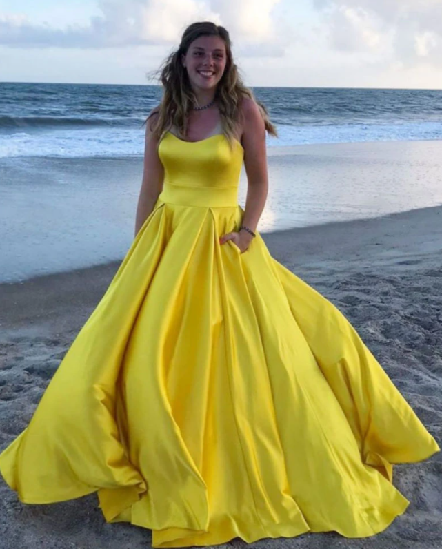 Simple yellow satin long prom dress yellow evening dress cg18155