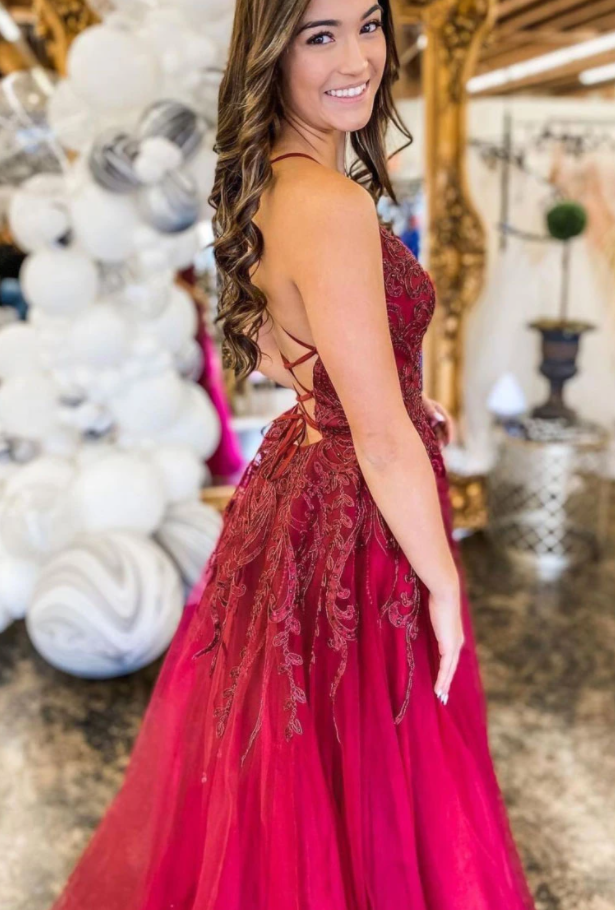 Burgundy v neck tulle lace long prom dress burgundy evening dress cg18156